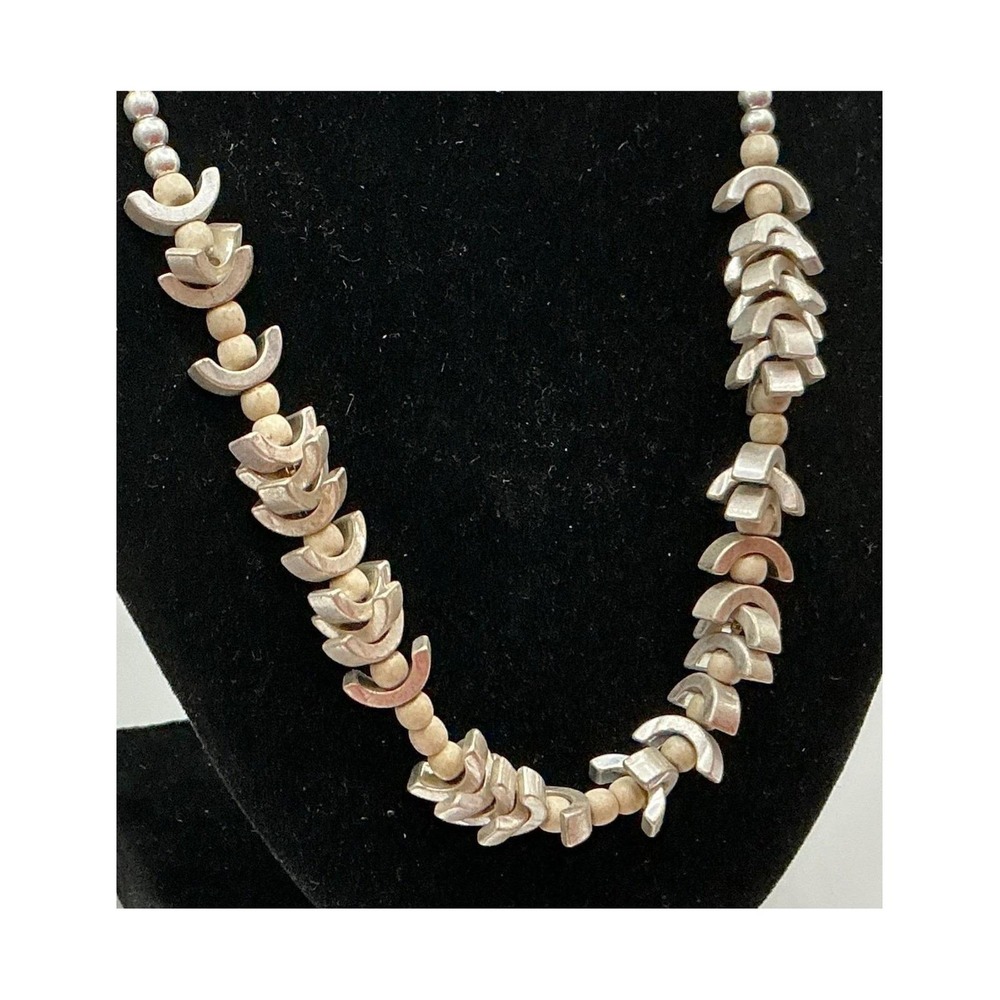 Silver Beige Crescent Bead Necklace‎ Adjustable Boho Neutral 34"